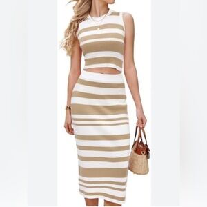 Beige and white knit Coord crop top and midi skirt matching set size s/m